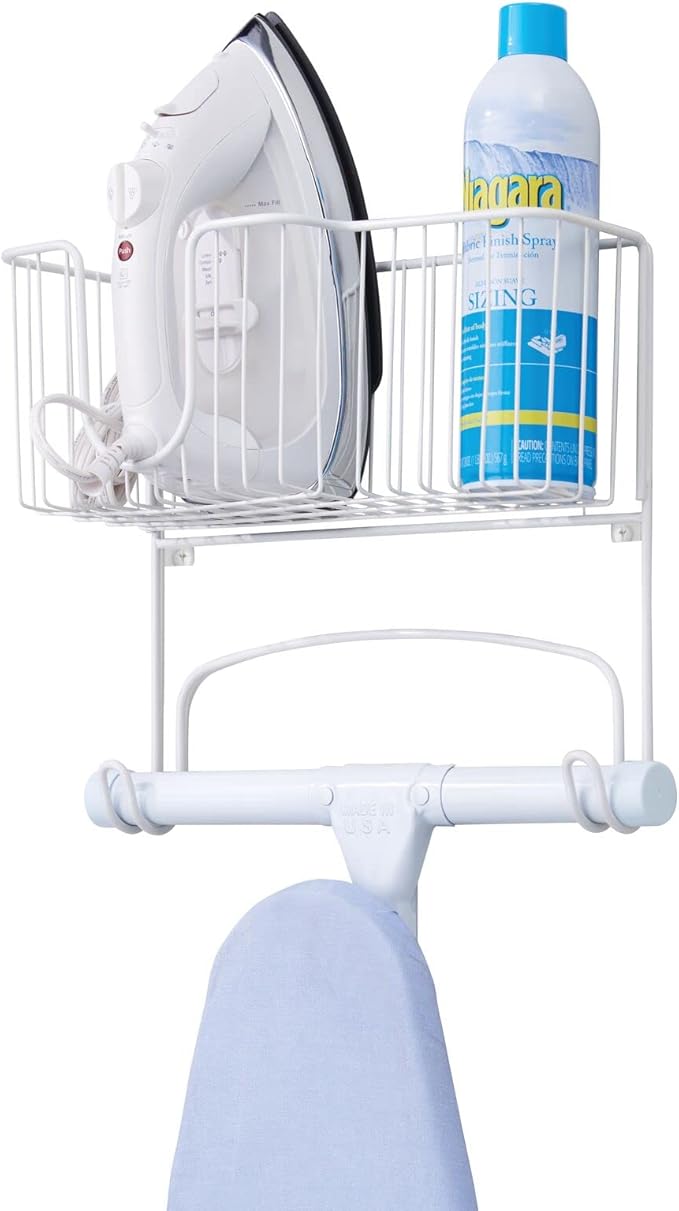 mDesign Wall Mounted Ironing Board Holder - Steel Ironing Board Rack for Easy Organisation - Includes Basket for Iron Storage - White