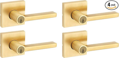 Kwikset Halifax Entry Door Handle with Lock and Key, Secure Keyed Reversible Lever Exterior, for Front Entrance and Bedrooms, Satin Brass, 4 Pack, Pick Resistant SmartKey Rekey Security