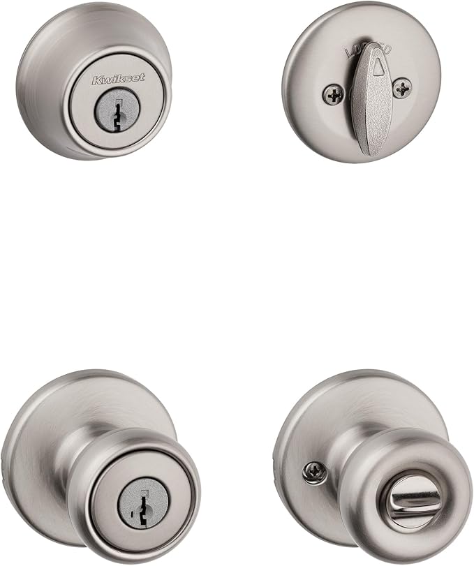 Kwikset Tylo Front Door Lock Handle and Deadbolt Set, Entry Combo Pack Single Cylinder with Entry Door Knob, Satin Nickel, Pick Resistant SmartKey Security, with Microban Protection