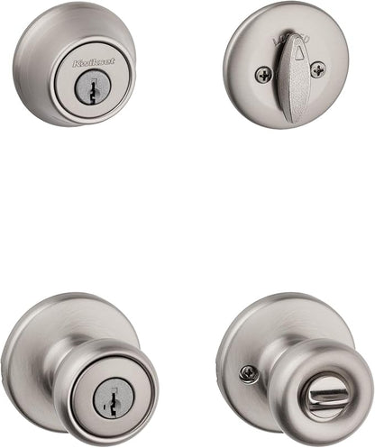 Kwikset Tylo Front Door Lock Handle and Deadbolt Set, Entry Combo Pack Single Cylinder with Entry Door Knob, Satin Nickel, Pick Resistant SmartKey Security, with Microban Protection