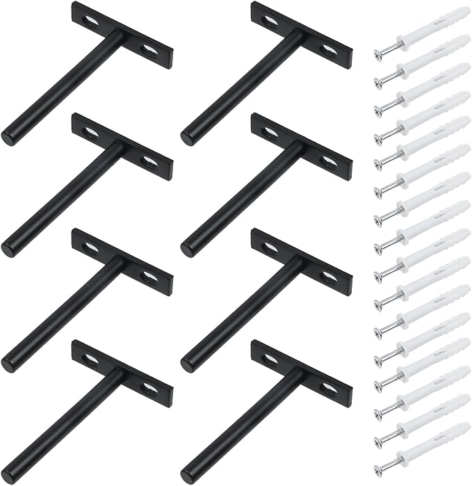 Antrader Set of 8 Floating Shelf Brackets, 4-Inch(Deep) Concealed Blind Shelf Support for Raw Wood Shelves, Matte Black, Screws and Anchors Included
