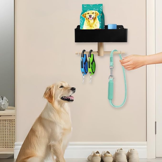 Picowe Dog Leash Holder for Wall, Metal and Wood Dog Leash Hooks, Pet Stuff Storage Shelf Storage for Leashes,Collar, Toys, Treats, Poop Bag (Black)