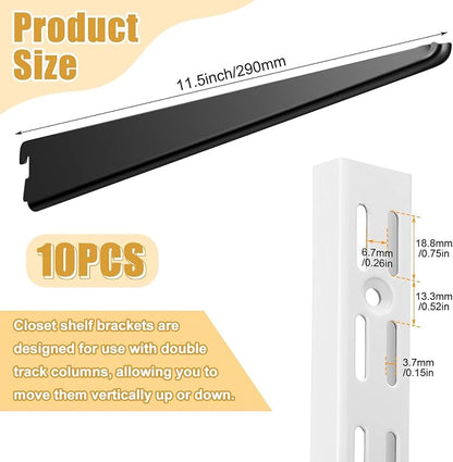 10 Pack Adjustable Shelf Brackets for Double Track System Closet Organization Heavy Duty Wire Shelf Brackets (Black,11.5 Inch)