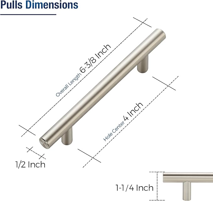 JOY DECOR 30 Pack Cabinet Handles, Brushed Nickel Cabinet Pulls, 4 in Hole Center Kitchen Cabinet Handles, Stainless Steel T Bar Handles for Dresser Drawers