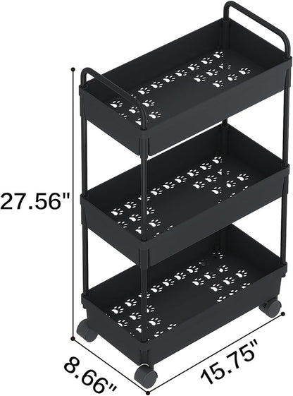 Buzowruil Rolling Storage Cart 3 Tier Organizer Mobile Shelving Unit Storage Rolling Utility Cart with Wheels for Kitchen Bathroom Laundry,Black