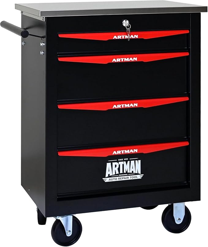 4-Drawer Rolling Tool Chest with Stainless Steel Countertop,Tool Chest with Secure Locking System,Mobile Storage Tool Cabinet with 360°Wheels and Padded Feet,for Home,Garage (Black+Red)
