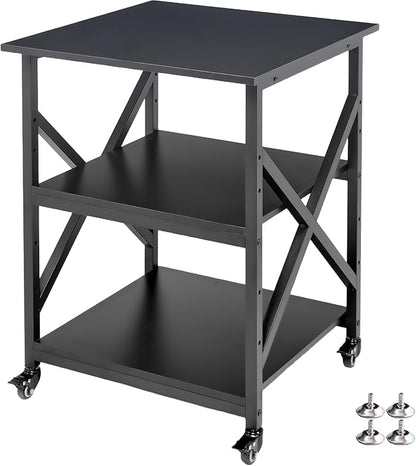 Printer Stand, 23.6 x 23.6 x 30.1 Inches Large Square Printer Table with Height Adjustable Storage Shelf, 3 Tier Rolling Printer Cart with Industrial Wheels for Home Office - Black