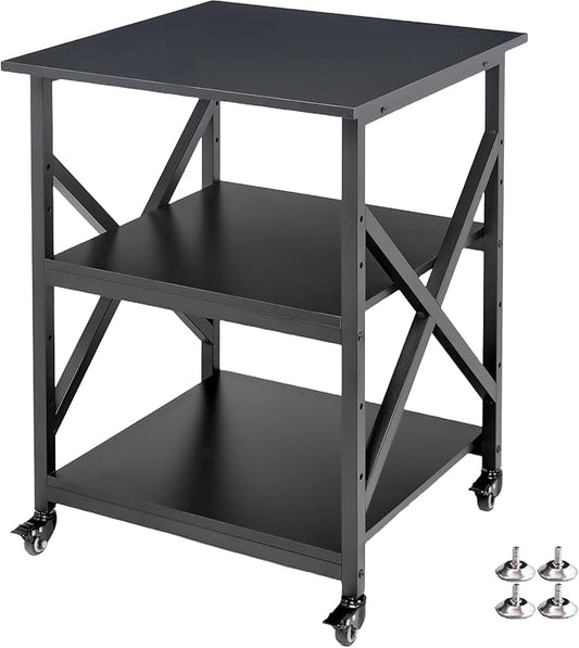 Printer Stand, 23.6 x 23.6 x 30.1 Inches Large Square Printer Table with Height Adjustable Storage Shelf, 3 Tier Rolling Printer Cart with Industrial Wheels for Home Office - Black