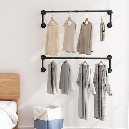 Industrial Pipe Clothes Racks 2 Pack, Black Pipe Wall Mounted Clothing Racks for Hanging Clothes, Space Saving Closet Hanging Rod for Laundry Room, Bedroom