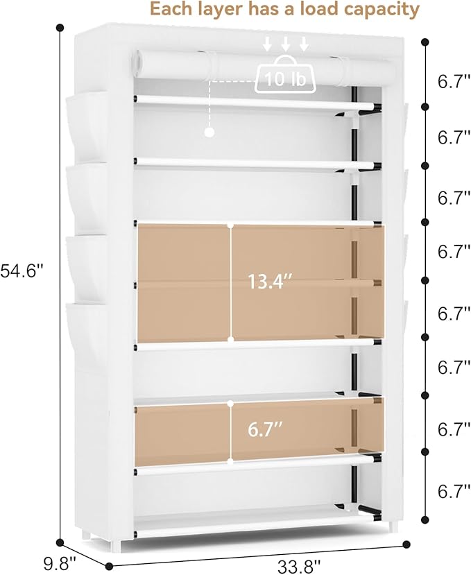 Shoe Rack with Cover, 8 Tier Tall Shoe Organizer Storage for 36-45 Pair Shoes and Boots Large Shoe Storage Shelf Free Standing Shoe Rack for Closet, Front Door Entrance, Dorm, Garage, White