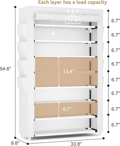 Shoe Rack with Cover, 8 Tier Tall Shoe Organizer Storage for 36-45 Pair Shoes and Boots Large Shoe Storage Shelf Free Standing Shoe Rack for Closet, Front Door Entrance, Dorm, Garage, White