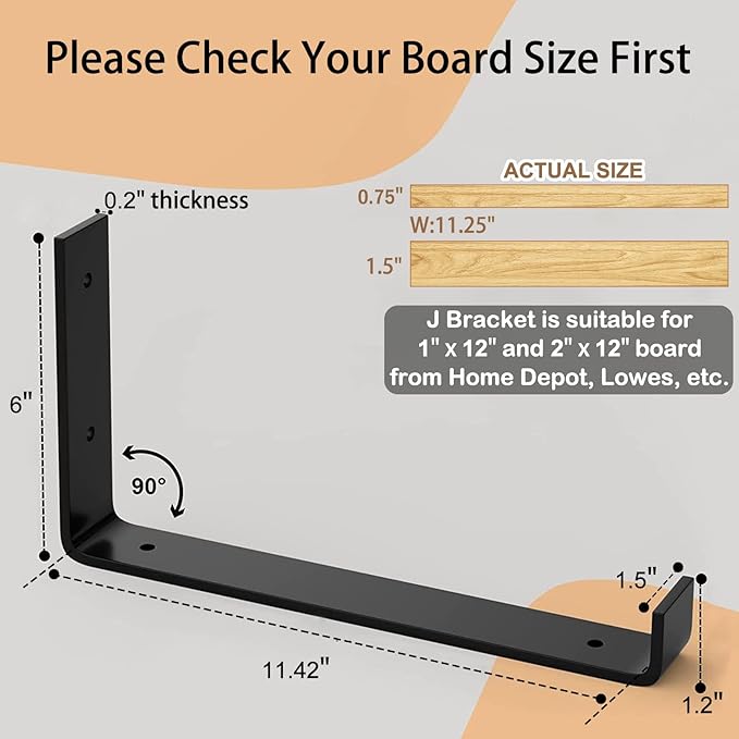 LuckIn 12 Inch Wall Shelf Brackets (Fit 11.25" Board) 6-Pack, Heavy Duty Black Iron, Garage, Kitchen, Laundry Room Floating Shelf Hardware