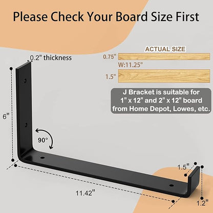 LuckIn 12 Inch Wall Shelf Brackets (Fit 11.25" Board) 6-Pack, Heavy Duty Black Iron, Garage, Kitchen, Laundry Room Floating Shelf Hardware