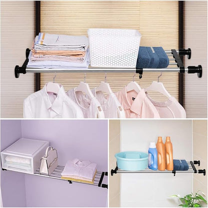 BAOYOUNI Adjustable Shelving Expandable Closet Shelves Tension Rod Clothes Hanger Storage Rack DIY Cabinet Wardrobe Kitchen Bathroom Divider Separator Organizer, Black, 2 Pack