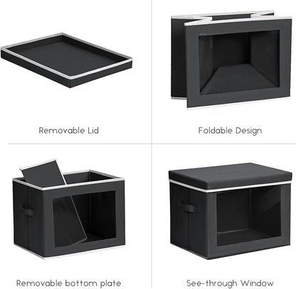 Storage Bins with Lids - Small Fabric Organizers with Window, Collapsible Storage Bins for Clothes, Decorative Closet Organizers for Towels, Tshirt, 3 Pack, Black