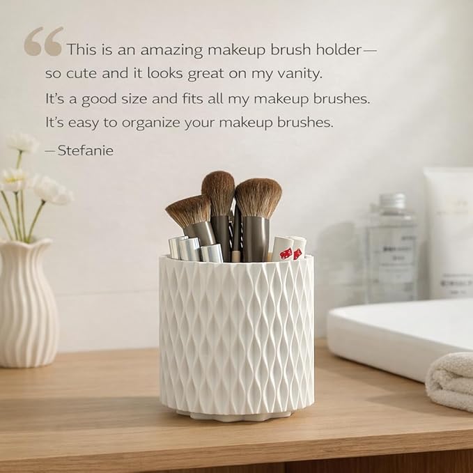 360° Rotating Makeup Brush Holder, 5-Slot Cosmetic Organizer Cup for Vanity, Desk & Bathroom Countertop, White