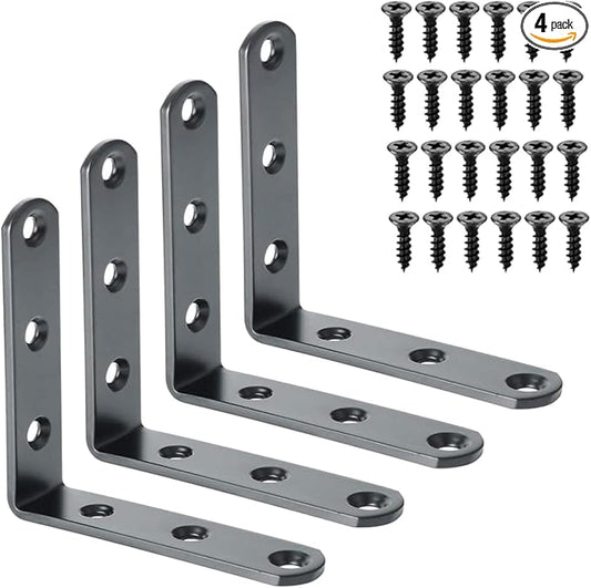 Alise 4 PCS L Brackets Heavy Duty Corner Bracket, 3.2 X3.2 Inch Black Floating Shelf Brackets for Shelves, Stainless Steel L Shape Wall Mounting Brackets, Metal L Joint Angle Bracket for Wood Shelving