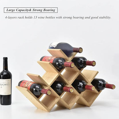 KIRIGEN Wooden 13-Bottle Wine Rack - Nature Wood 4-Tier Wine Display Rack/Free Standing and Countertop Storage Shelf - Bottle Holder/Cabinet Glass XHJJ4-NA