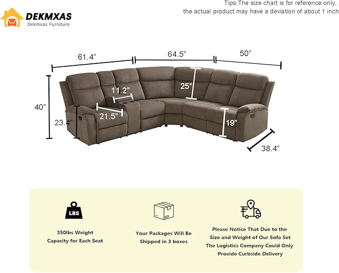 3PCS Living Room Furniture Sets, Brown Reclining Sectional Sofa Set with Cup Holders, Corduroy Recliner Sectional Sofa Set with Storage Console Reclining Couches for Living Room, Bedroom