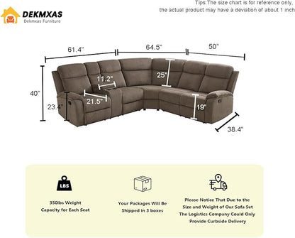 3PCS Living Room Furniture Sets, Brown Reclining Sectional Sofa Set with Cup Holders, Corduroy Recliner Sectional Sofa Set with Storage Console Reclining Couches for Living Room, Bedroom