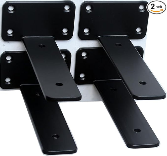 2 Pack - 6 inch Black Hidden L Shelf Bracket (1/5 Inch Thicked) Iron Floating Shelf Brackets Rustic Industrial Metal Brackets for Shelf Support