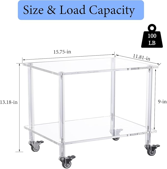 HMYHUM Acrylic Printer Stand - 2-Tier Under Desk Printer Table with Wheels - Multifunctional Rolling Cart for Office & Home, Clear