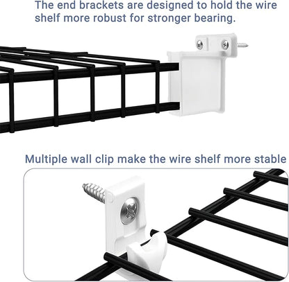12 Inch Wire Shelf Brackets Set – Includes 4 Brackets, 8 Shelf Clips & 4 End Brackets – Wall & Closet Wire Shelving Support Kit (4 Pack, Metal)