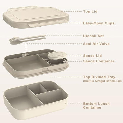 Caperci Stackable Bento Lunch Box for Adult & Teens - Reinforced Leak-Proof Lunch Container 4-Compartment with Utensils & Sauce Container, BPA-Free, Dishwasher/Microwave Safe, 47oz (Pale Mocha)