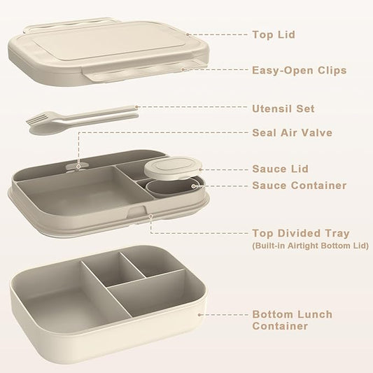 Caperci Stackable Bento Lunch Box for Adult & Teens - Reinforced Leak-Proof Lunch Container 4-Compartment with Utensils & Sauce Container, BPA-Free, Dishwasher/Microwave Safe, 47oz (Pale Mocha)