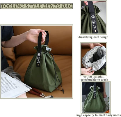 Canvas Drawstring Lunch Bag Insulated Lunch Bento Tote Bag Reusable Lunch Bag with Handle and Drawstring Closure for Women Work Picnic or Travel (COLOR1)