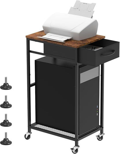 Computer Tower Stand PC Tower Stand with Storage Drawer 2 Tier Wood Rolling CPU Holder Stand Mobile Printer Cart on Wheels for Home Office, Industiral Brown and Black