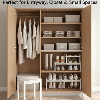 Expandable 1-Tier Metal Shoe Rack (H:10"), Adjustable Width 14.9"-23.6", Heavy-Duty Free-Standing Shoe Organizer for Closet, Entryway & Small Spaces – Single Pack