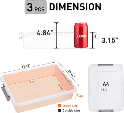Citylife 3 PCS Plastic Storage Bins with Latching Lids Portable Project Case Clear File Box Stackable Storage Containers for Organizing A4 Paper, Photo, Document, Scrapbook