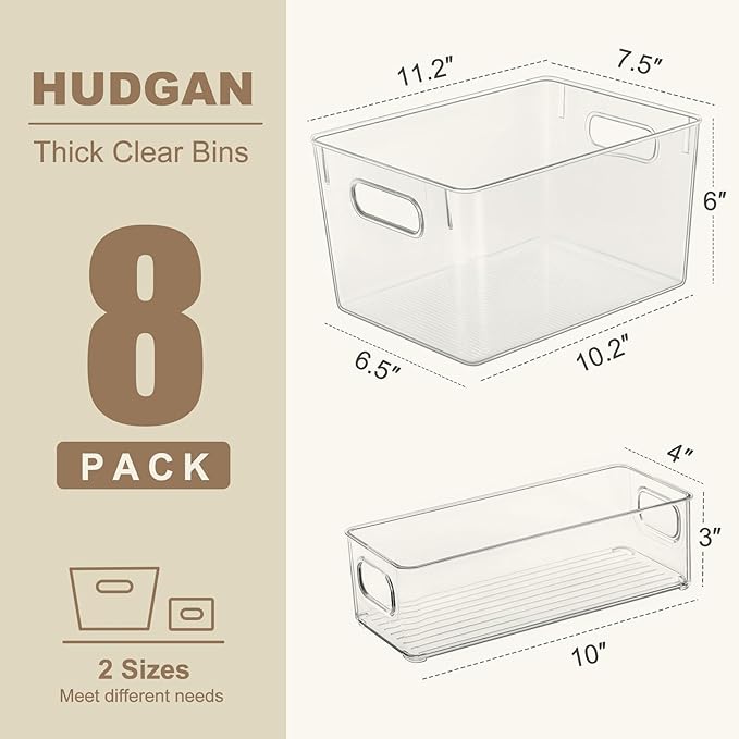 Hudgan 8 Packs Refrigerator Organizers and Storage，4 Large Clear Plastic Bins and 4 Small Stackable Clear Containers for Home Edit, Kitchen Cabinet, Freezer, Bathroom, Office, Drawer