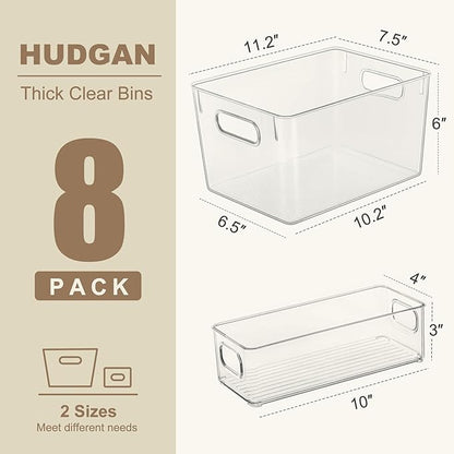 Hudgan 8 Packs Refrigerator Organizers and Storage，4 Large Clear Plastic Bins and 4 Small Stackable Clear Containers for Home Edit, Kitchen Cabinet, Freezer, Bathroom, Office, Drawer