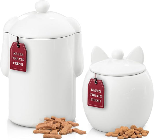 Barnyard Designs Dog and Cat Treat Container Set of 2 – Airtight Ceramic Treat Canisters with Lids, Rustic White Storage Jars for Kitchen Counter (Dog & Cat)