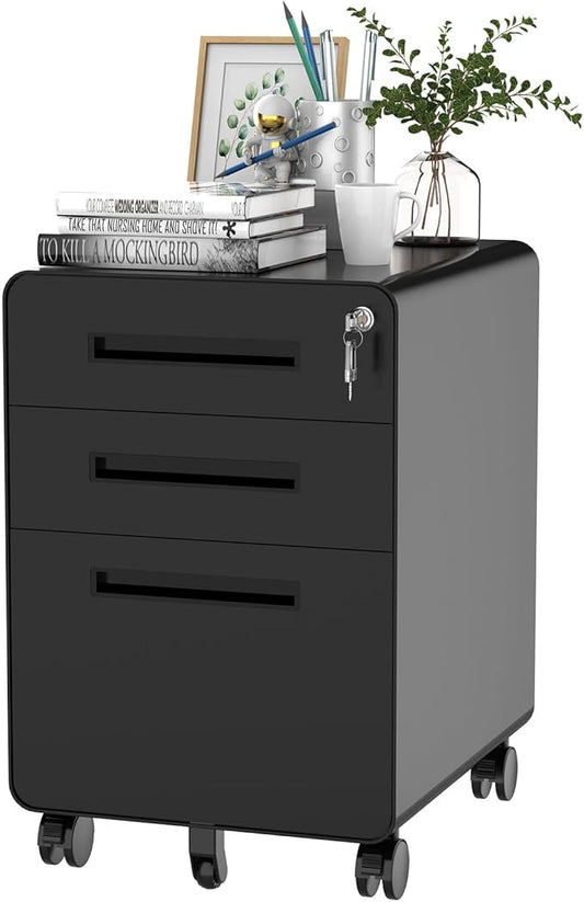 FLEXISPOT 3 Drawer File Cabinet, Mobile Metal Filing Cabinet with Lock,Legal/Letter File Organizer with Wheels for Home Office, Pre-Assembled, Round Corner Design, Black
