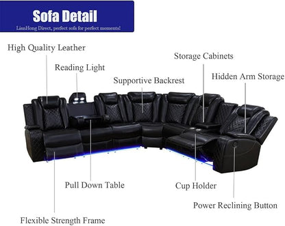 Power Sectional Sofa, Power Recliner Sofa Set for Living Room, Leather Reclining Sectional, Black 3PCS Recliner Couch Loveseat Sets with LED, USB Charging, Cup Holders, Storage for Home/Office