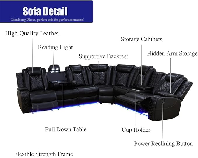 Power Reclining Sectional Sofa with LED, Power Recliner Sofa Set for Living Room, Black Leather Reclining Sectional Recliner Couch with USB, Cup Holders, Storage for Home/Office/House