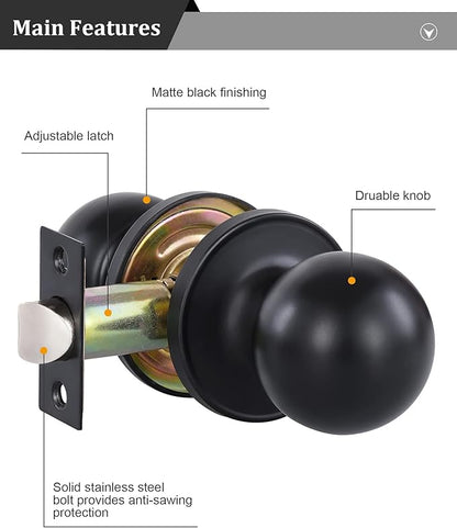 Lanwandeng (2 Pack) Matte Black Passage Keyless Door Knobs for Closet/Hall/Conference Room, Round Ball Interior Door Handles