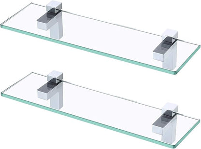 KES Glass Shelves for Bathroom, Bathroom Tempered Glass Shelf Rectangle 16 Inch Bracket Wall Mount 2 Pack Polished Chrome, BGS3201S40-P2
