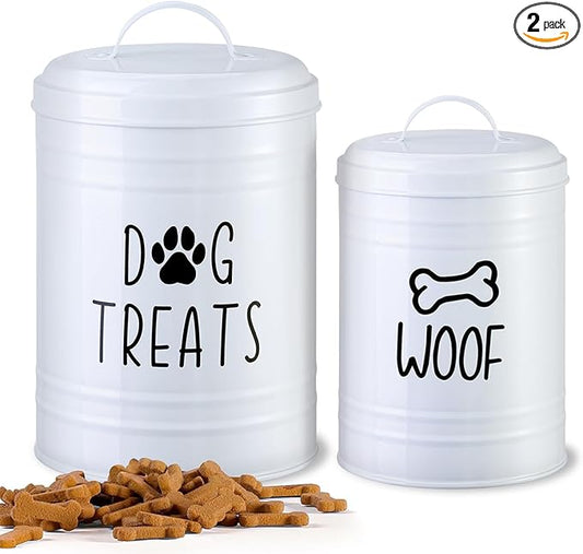 Dog Treat Container Airtight, Dog Treat Jar Set of 2 with Lid - 9x5.5''&7x4'' Metal Dog Cookie Jar for Farmhouse Kitchen Counter, White Pet Treat Container, Dog Treat Storage Container for Dogs, Cats