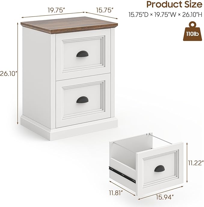Vertical File Cabinet, Filing Cabinet with 2 File Drawers, Farmhouse Small File Cabinet Fits Letter/A4 Size, Wooden Printer Stand, Under Desk Cabinets for Home Office, White