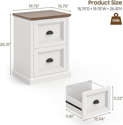 Vertical File Cabinet, Filing Cabinet with 2 File Drawers, Farmhouse Small File Cabinet Fits Letter/A4 Size, Wooden Printer Stand, Under Desk Cabinets for Home Office, White