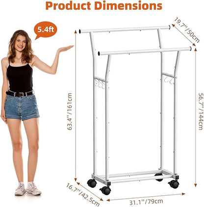 Luxspire Double Rods Clothes Rack for Hanging Clothes, Rolling Clothing Rack with Side Hooks, Bottom Shelves, 360° Wheels, Garment Racks for Bedroom, Laundry, Living Room, White
