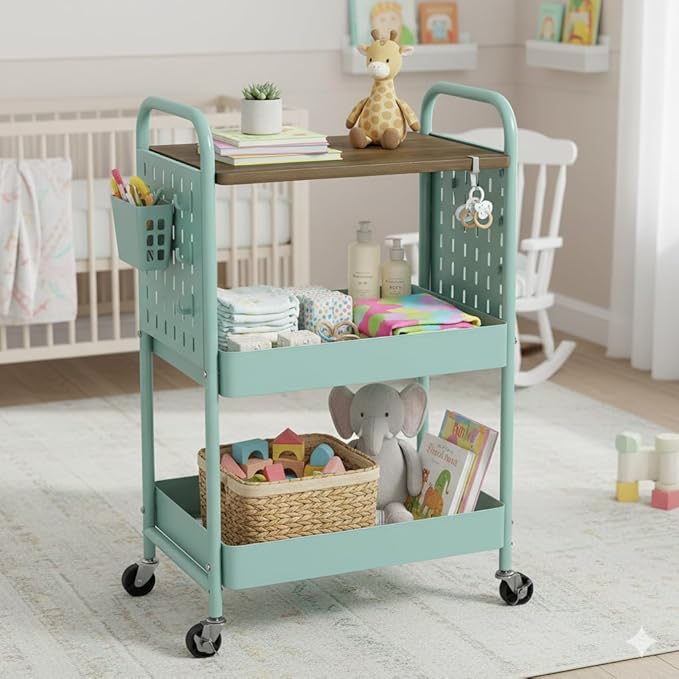 danpinera 3 Tier Rolling Cart, Metal Storage Cart with Wooden Tabletop, Storage Cart with DIY Pegboards & Locked Wheels, Hooks & Hanging Cups for Any Room