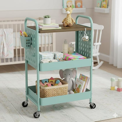danpinera 3 Tier Rolling Cart, Metal Storage Cart with Wooden Tabletop, Storage Cart with DIY Pegboards & Locked Wheels, Hooks & Hanging Cups for Any Room