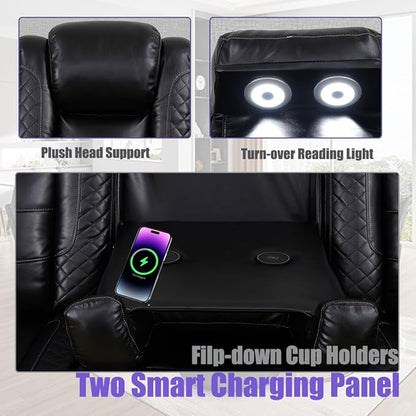 Power Recliner Sectional Sofa for Living Room, Leather Black Power Sectional Sofa with LED, Recliner Couch Sets with Read Lights, USB Charging, Cup Holders, Hidden Storage for Office/Home