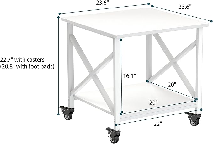 Printer Stand, 23.6 x 23.6 Inches Large Printer Stand with Storage Shelf, 2 Tier Printer Table for Home Office, Rolling Printer Cart with Industrial Wheels, Mini Fridge Stand Table, White