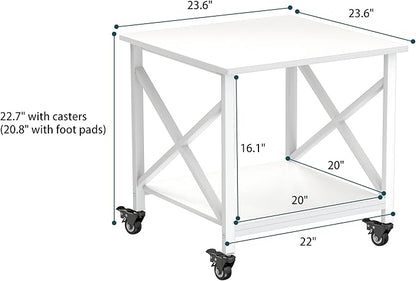 Printer Stand, 23.6 x 23.6 Inches Large Printer Stand with Storage Shelf, 2 Tier Printer Table for Home Office, Rolling Printer Cart with Industrial Wheels, Mini Fridge Stand Table, White